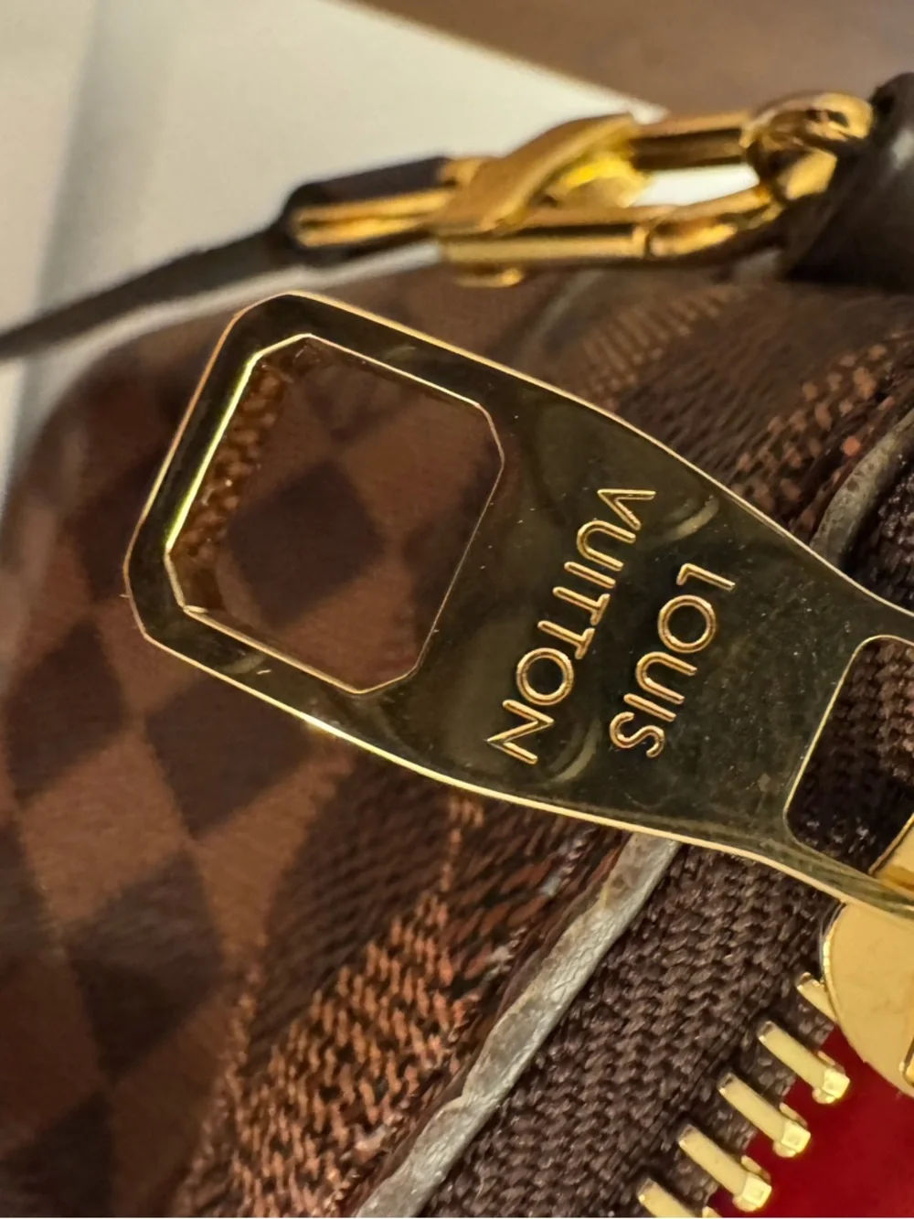 Louis Vuitton Damier Ebene Checkerboard Tote with Red Trim - Picture 2 of 4